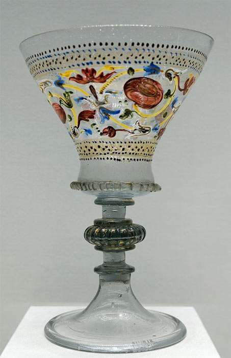 Enameled cristallo stem glass, around 1500