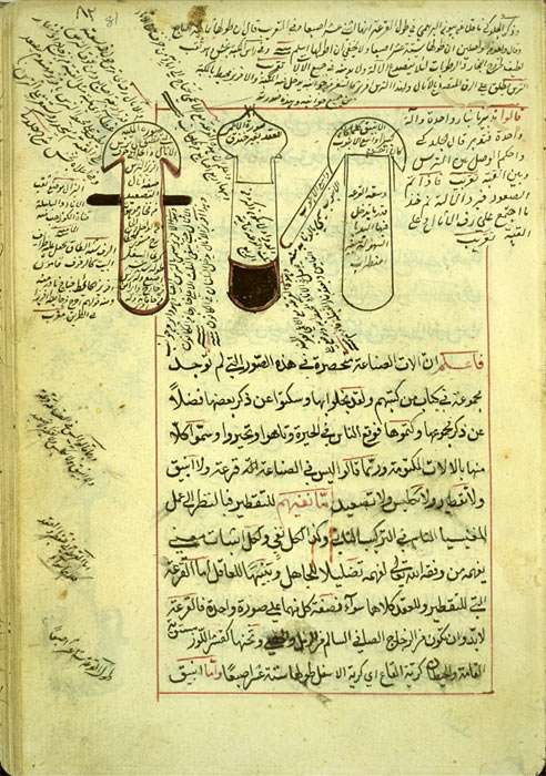Stylized illustrations of three alembics with cucurbits within the text, in a copy of Schudhur al-dhahab.