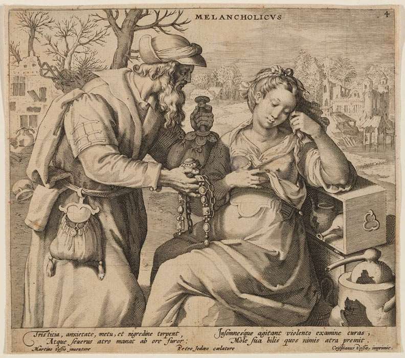 Melancholic, by Peter de Jode; after Maarten de Vos, 1590s