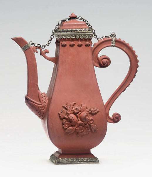 A Bttger red stoneware silver-mounted baluster coffee-pot and cover, circa 1710-13