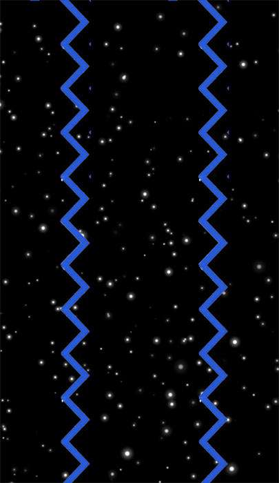 two vertical, parallel, blue, zig-zag lines, against a background of stars in space